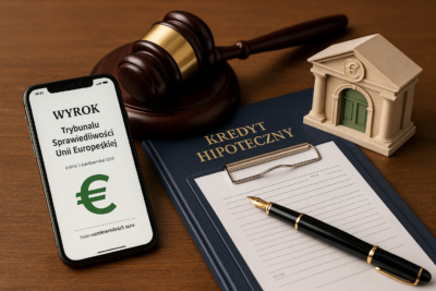 Telefon z wyrokiem, młotek sędziowski, teczka i model budynku
