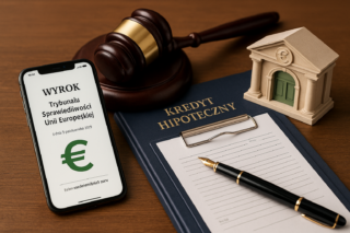 Telefon z wyrokiem, młotek sędziowski, teczka i model budynku